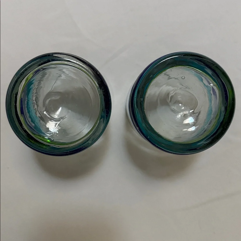 MEXICO HANDBLOWN TUMBLER GLASSES 2 SET STRIPES Cobalt Aqua Green Barware 12 oz